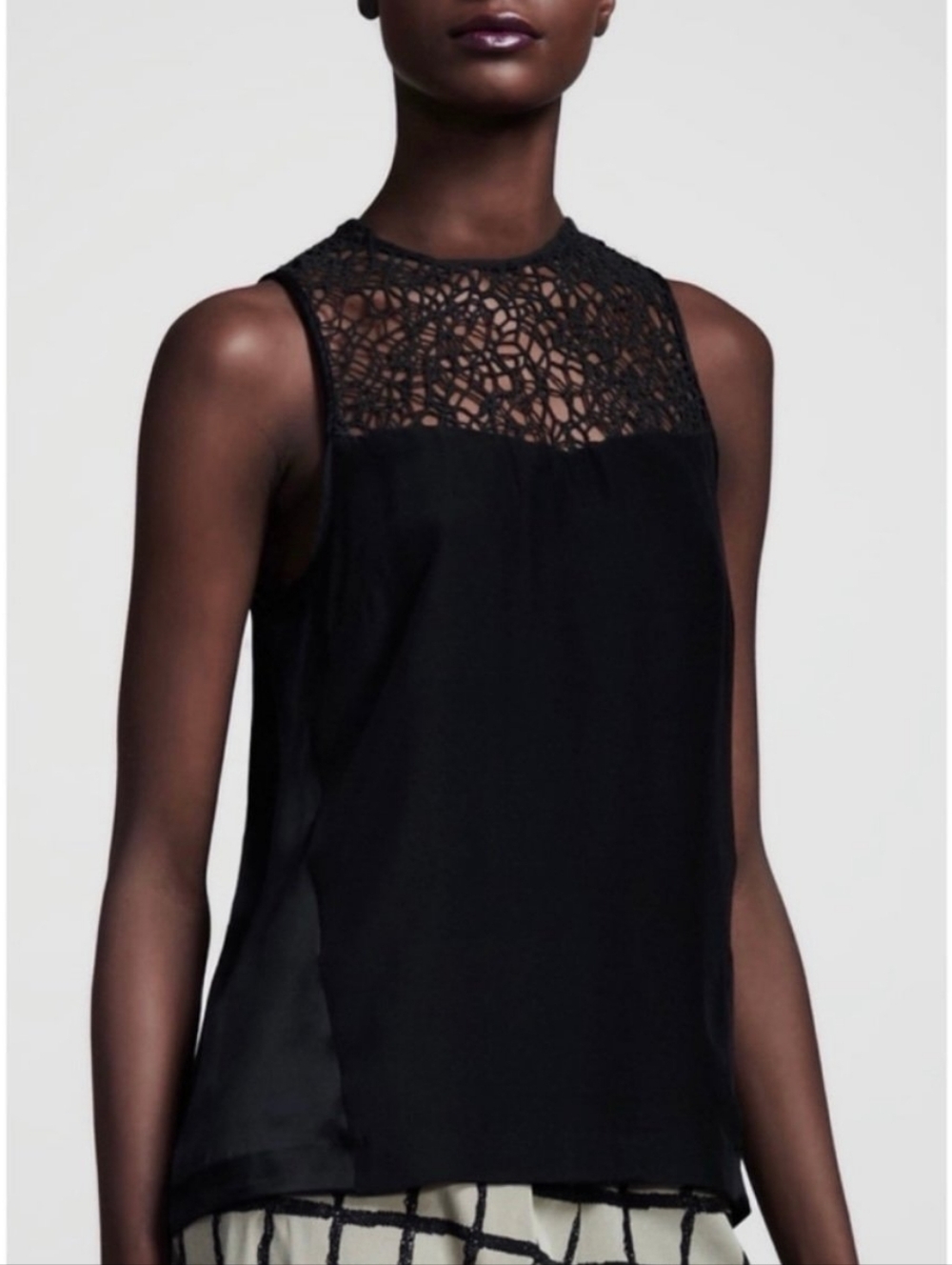 Rag & Bone Abigayle Black 100% Silk Crochet Lace Inset Tank Top
